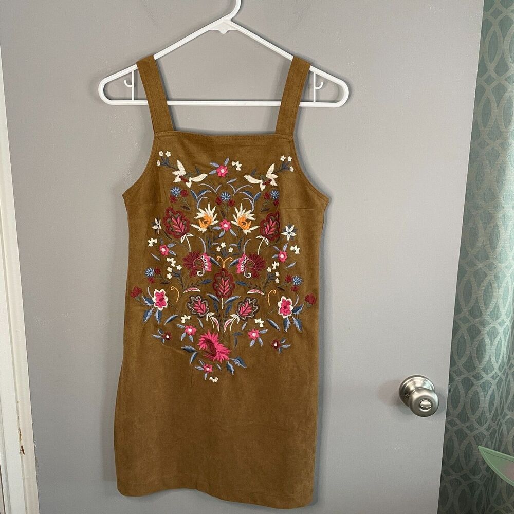 Abercrombie and Fitch Womens 00 Faux Suede Floral Embroidered Boho Dress 90s Y2K
